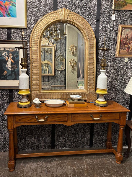 VINTAGE THOMASVILLE CONSOLE TABLE TURNED LEGS, DRAWERS & BRASS PULLS | 56"W x 16"D x 28"H