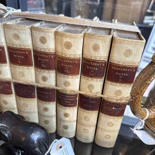 rare set/12 William Thackeray's Works. Late 19th C. Vellum and calf binding.