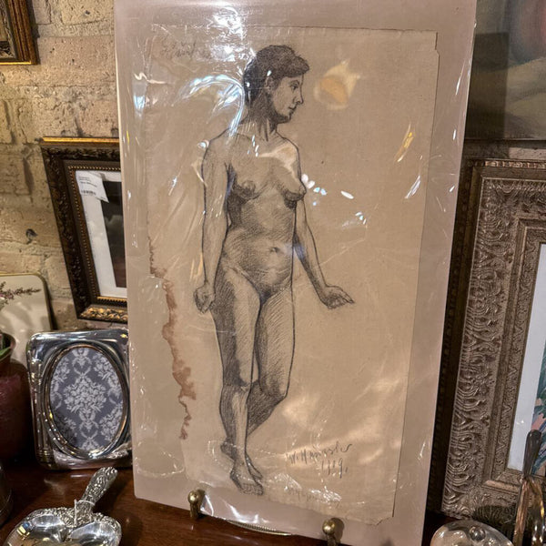 Antique Sketch Woman Figure dated 1909 by Wilhelm Haussler 13x21