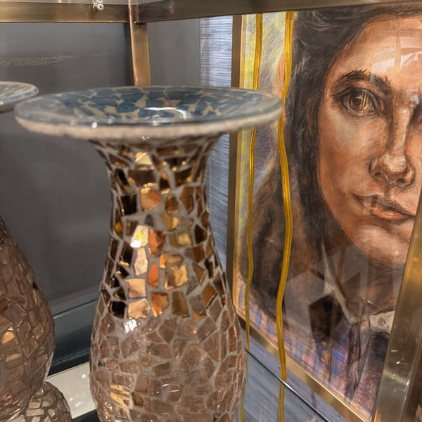 Crackle glass large gold vase with blue interior top