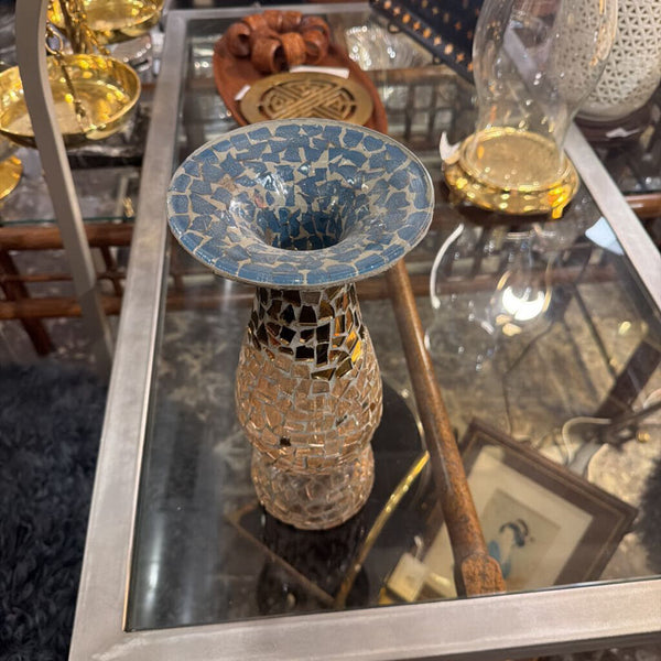 Crackle glass large gold vase with blue interior top