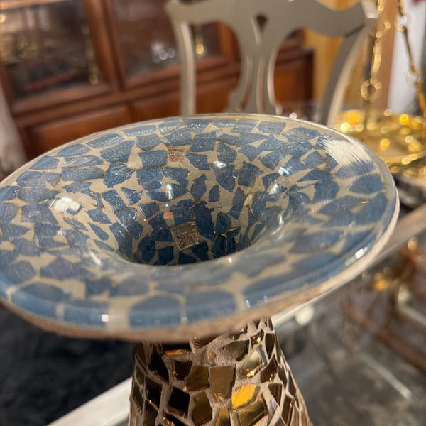 Crackle glass large gold vase with blue interior top