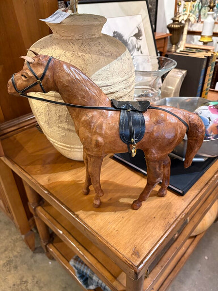 LEATHER WRAPPED HORSE WITH LEATHER SADDLE AND REINS | 12.5"H X 14.4"W