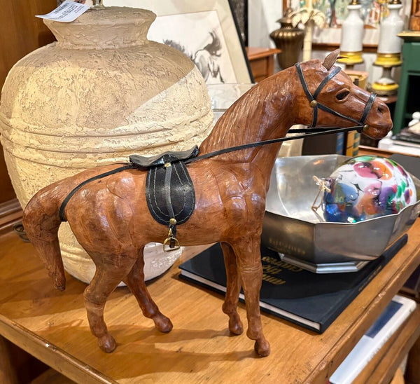 LEATHER WRAPPED HORSE WITH LEATHER SADDLE AND REINS | 12.5"H X 14.4"W