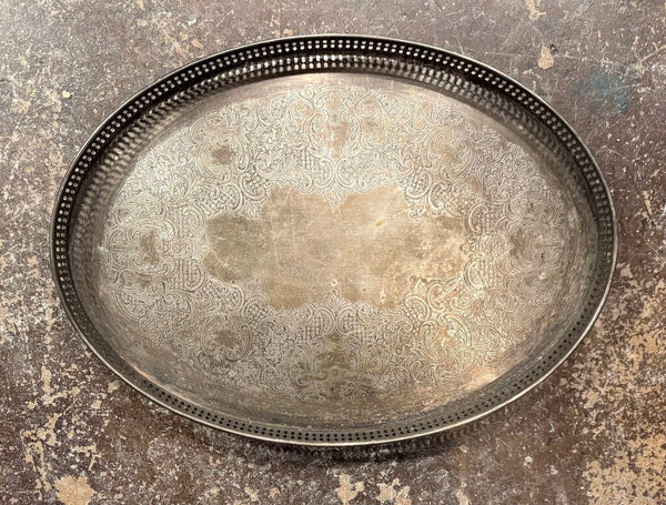 VINTAGE ENGLISH SILVER PLATE GALLERIED TRAY WITH ORNATE ETCHINGS | 18"W X 13.25"D