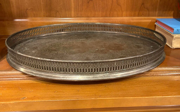 VINTAGE ENGLISH SILVER PLATE GALLERIED TRAY WITH ORNATE ETCHINGS | 18"W X 13.25"D