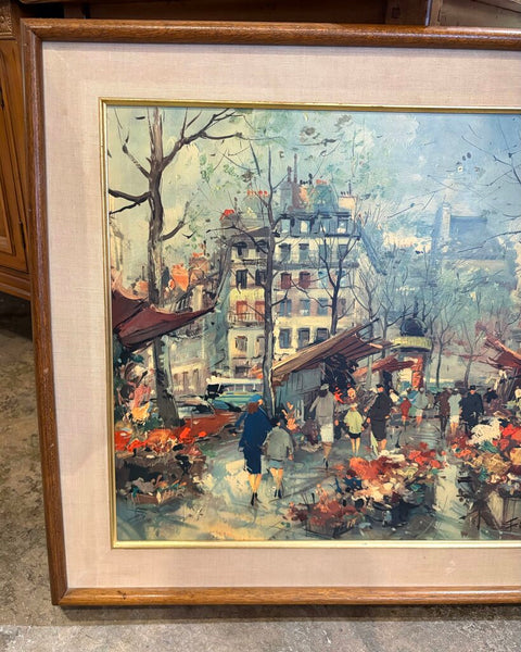 MID CENTURY STREET SCENE ON BOARD IN WOODEN FRAME W/LINEN MATTING & BRASS TRIM | 29.75"W X 25.5"H X 1.75"D