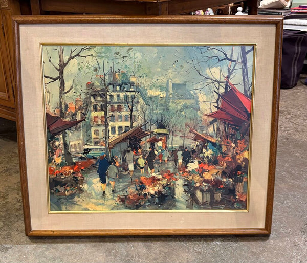 MID CENTURY STREET SCENE ON BOARD IN WOODEN FRAME W/LINEN MATTING & BRASS TRIM | 29.75"W X 25.5"H X 1.75"D