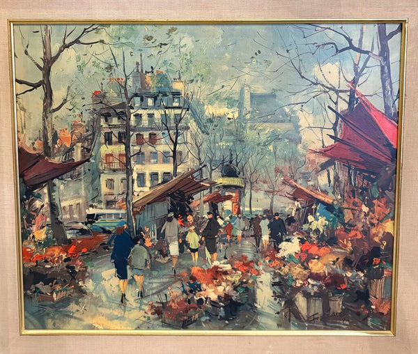 MID CENTURY STREET SCENE ON BOARD IN WOODEN FRAME W/LINEN MATTING & BRASS TRIM | 29.75"W X 25.5"H X 1.75"D