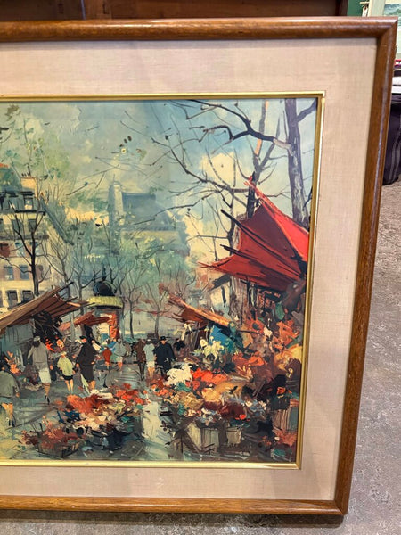 MID CENTURY STREET SCENE ON BOARD IN WOODEN FRAME W/LINEN MATTING & BRASS TRIM | 29.75"W X 25.5"H X 1.75"D