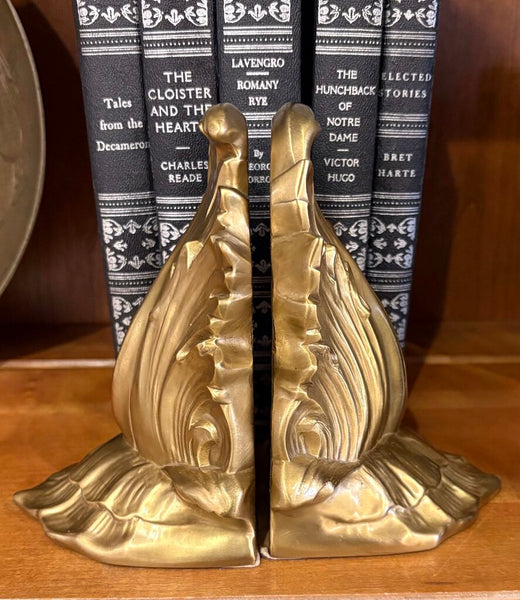 VINTAGE BRASS ACANTHUS LEAF BOOKENDS - A PAIR | 6" H x 4" W