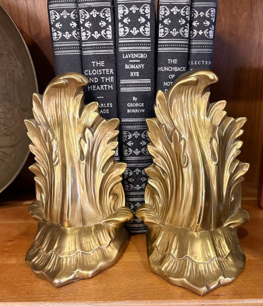 VINTAGE BRASS ACANTHUS LEAF BOOKENDS - A PAIR | 6" H x 4" W