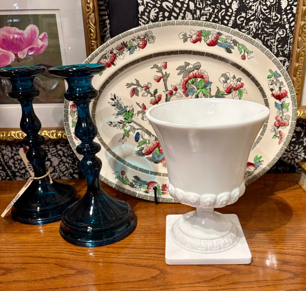 VINTAGE MILK GLASS FOOTED VASE WITH SQUARE BASE | 7"H X 5.5"W