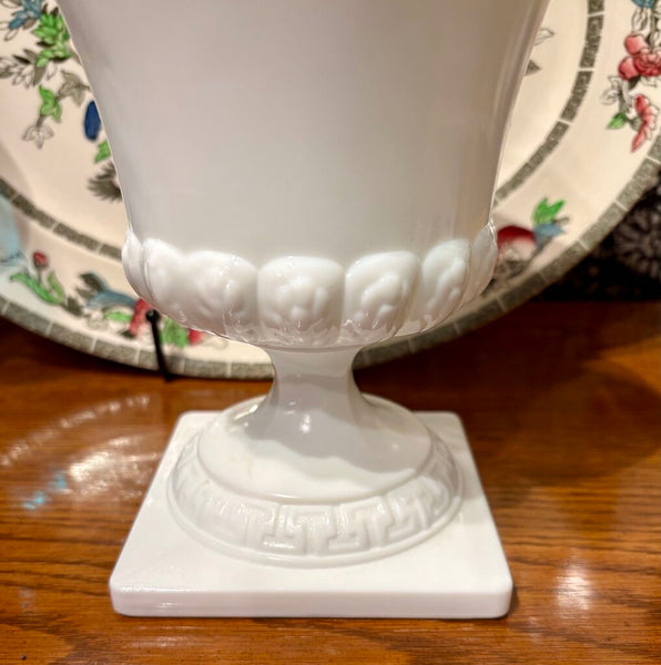 VINTAGE MILK GLASS FOOTED VASE WITH SQUARE BASE | 7"H X 5.5"W