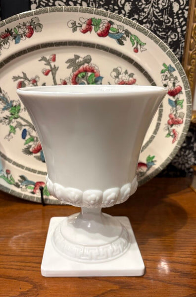 VINTAGE MILK GLASS FOOTED VASE WITH SQUARE BASE | 7"H X 5.5"W