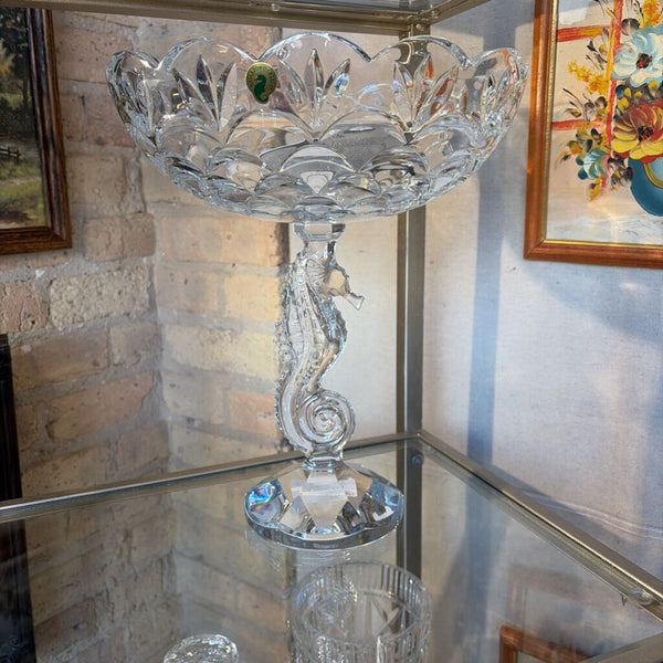 Waterford Crystal double signed seahorse pedestal bowl 12.5 inch tall in box FIRM-For pick up only
