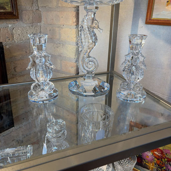 Waterford crystal triple seahorse pair of candlesticks with box-Bougeoir