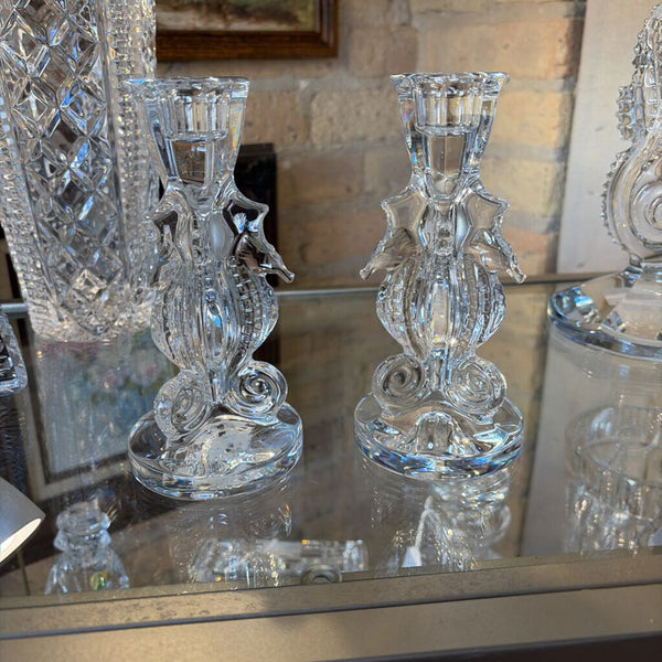 Waterford crystal triple seahorse pair of candlesticks with box-Bougeoir