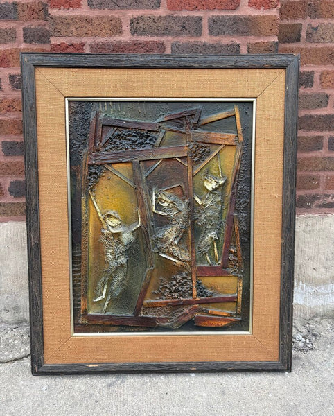 MID CENTURY SIGNED BRUTALIST MIXED MEDIA PAINTING W/WOODEN FRAME, MATTING AND BRASS TRIM | 36"H X 30"W
