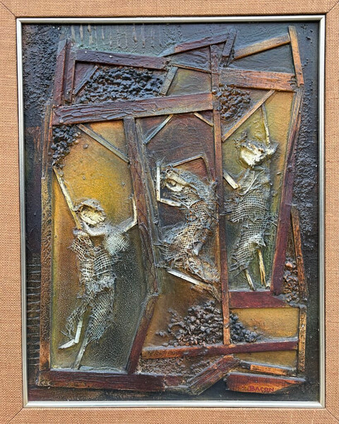 MID CENTURY SIGNED BRUTALIST MIXED MEDIA PAINTING W/WOODEN FRAME, MATTING AND BRASS TRIM | 36"H X 30"W