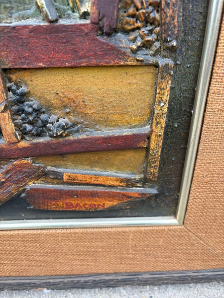 MID CENTURY SIGNED BRUTALIST MIXED MEDIA PAINTING W/WOODEN FRAME, MATTING AND BRASS TRIM | 36"H X 30"W