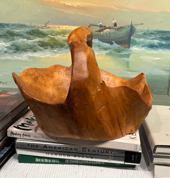 HAND CARVED VINTAGE BURLWOOD BASKET | 14"W x 10.5"H x 12.75"D