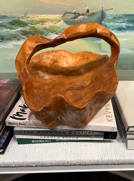 HAND CARVED VINTAGE BURLWOOD BASKET | 14"W x 10.5"H x 12.75"D