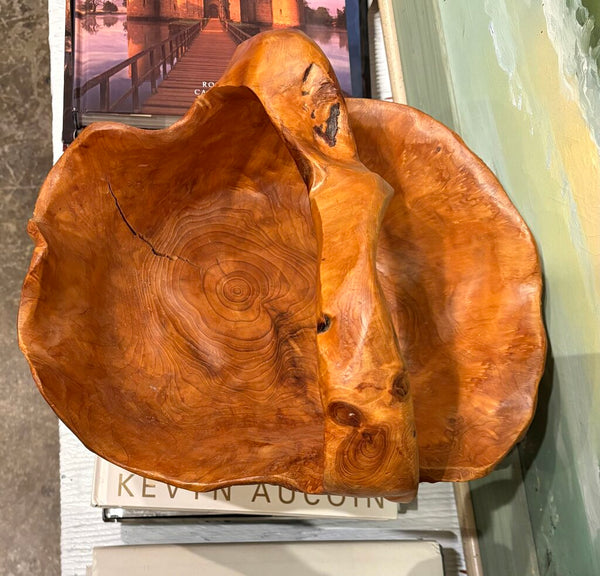 HAND CARVED VINTAGE BURLWOOD BASKET | 14"W x 10.5"H x 12.75"D