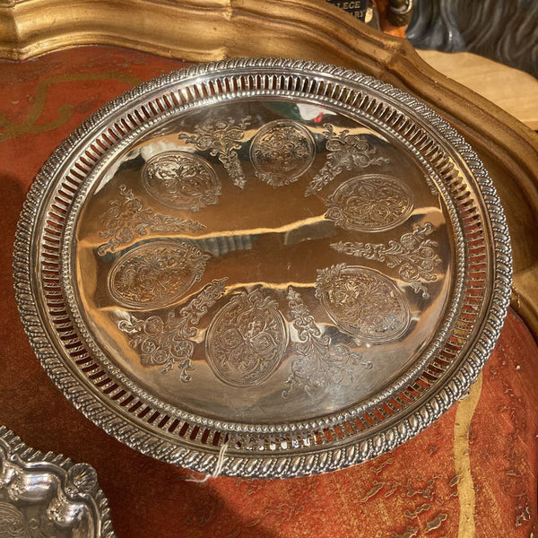 Antique round pierced engraved silver tray, 9.75" d