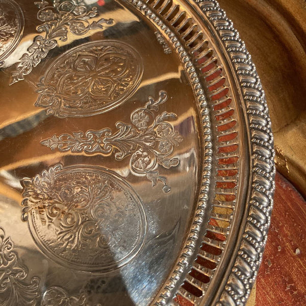 Antique round pierced engraved silver tray, 9.75" d