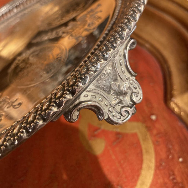 Antique round pierced engraved silver tray, 9.75" d