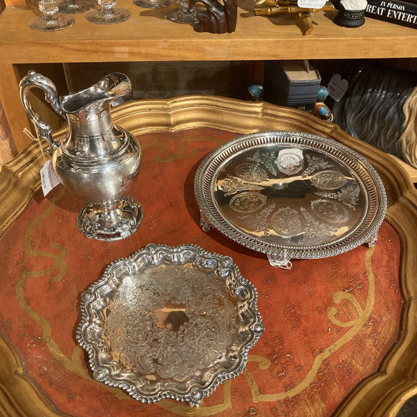 Antique round pierced engraved silver tray, 9.75" d