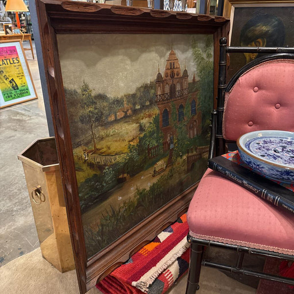 Unsigned Naive Painting Manor with Swans and Figures on panel Framed 36x30