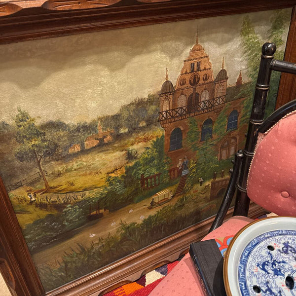 Unsigned Naive Painting Manor with Swans and Figures on panel Framed 36x30