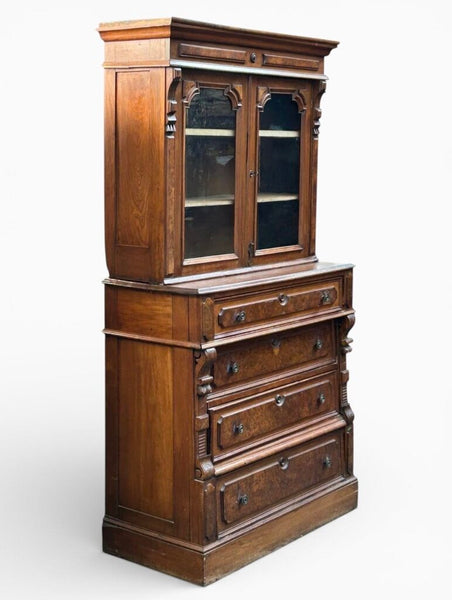 VICTORIA STEPBACK CABINET W/ BURLWOOD AND CARVINGS - 79 IN TALL, 40.5 IN WIDE, 20 IN DEEP - IN STORE PICKUP ONLY