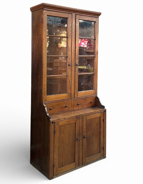 PRIMITIVE STEPBACK CABINET W/ GLASS DOORS - 85 IN TALL, 40.5 IN WISE, 18.5 IN DEEP - IN STORE PICKUP ONLY