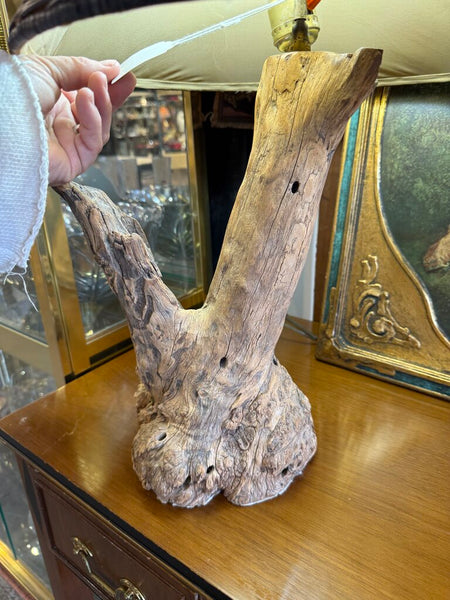 Vintage driftwood lamp with wicker shade