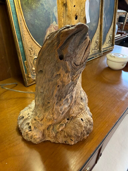 Vintage driftwood lamp with wicker shade