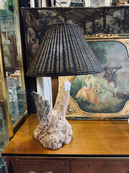 Vintage driftwood lamp with wicker shade