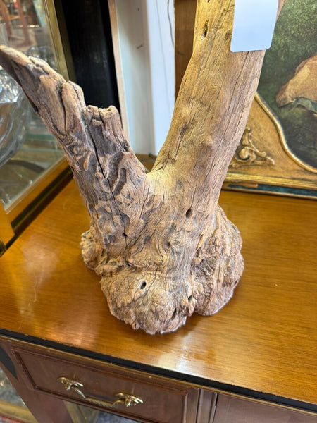 Vintage driftwood lamp with wicker shade