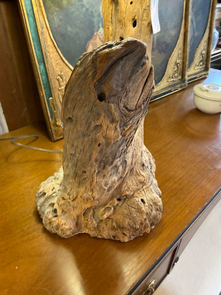 Vintage driftwood lamp with wicker shade