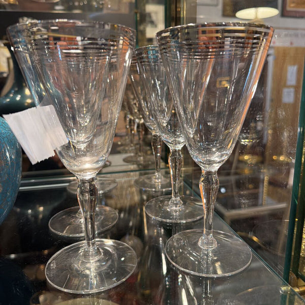 Set of 6 Stemmed Vintage Glasses with Silver Bands