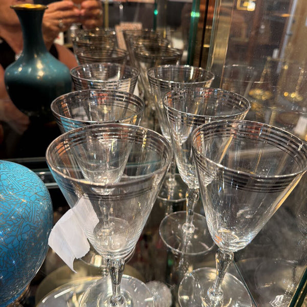 Set of 6 Stemmed Vintage Glasses with Silver Bands