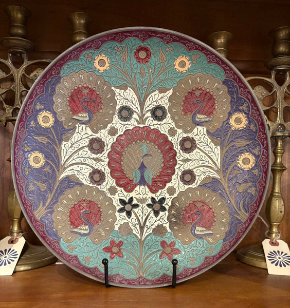 VINTAGE ENAMELED BRASS BOWL TRAY W/ENGRAVED PEACOCKS & FLORALS | 11 3/8" DIAMETER