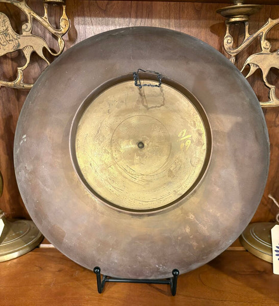 VINTAGE ENAMELED BRASS BOWL TRAY W/ENGRAVED PEACOCKS & FLORALS | 11 3/8" DIAMETER