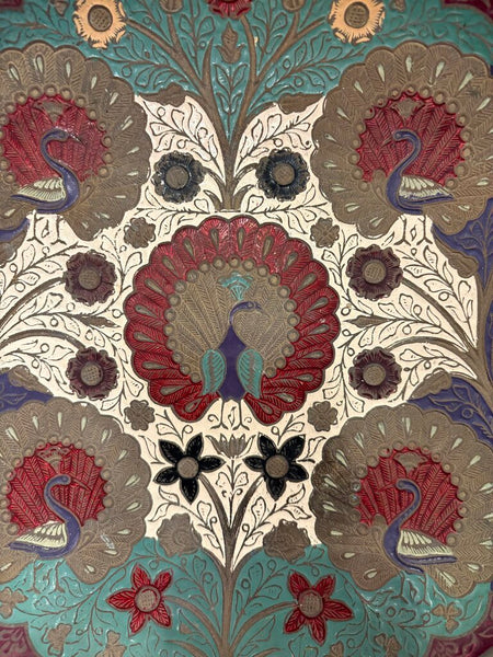 VINTAGE ENAMELED BRASS BOWL TRAY W/ENGRAVED PEACOCKS & FLORALS | 11 3/8" DIAMETER