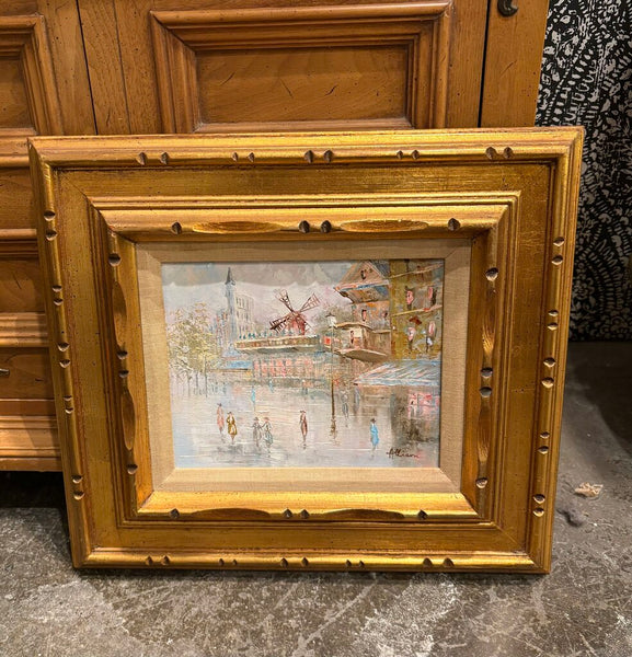VINTAGE MOULIN ROUGE PARIS STREET SCENE PAINTING IN GILDED CARVED WOOD FRAME | 18"W X 16"H