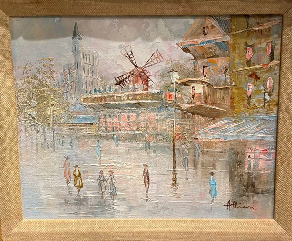 VINTAGE MOULIN ROUGE PARIS STREET SCENE PAINTING IN GILDED CARVED WOOD FRAME | 18"W X 16"H