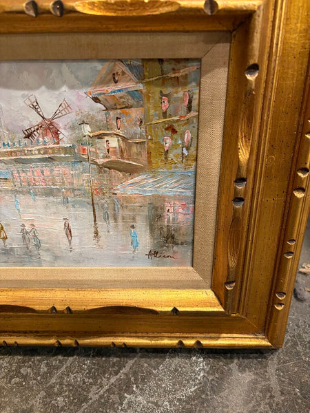 VINTAGE MOULIN ROUGE PARIS STREET SCENE PAINTING IN GILDED CARVED WOOD FRAME | 18"W X 16"H