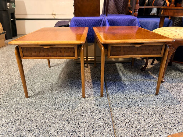 Matching pair of Lane Perception oak and walnut iconic floating top side tables designed by Warren Church made in 1965-for pick up only approx 30x22x20h